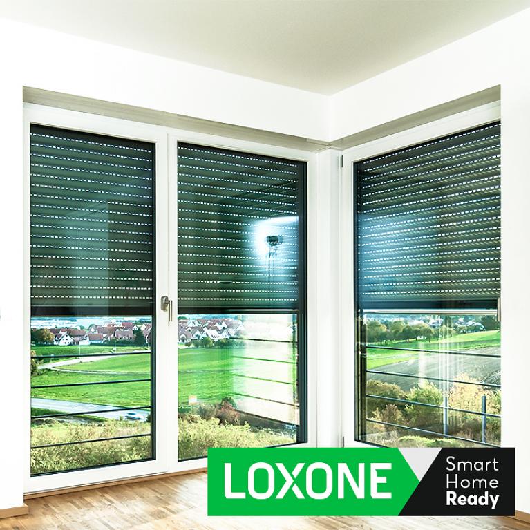 Loxone Smart Home room with half-closed roller shutters