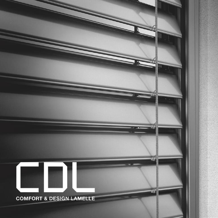 External venetian blinds close-up, nearly closed, text: CDL Comfort & Design Lamella
