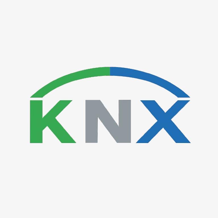 Capital letters KNX, above a connecting arc