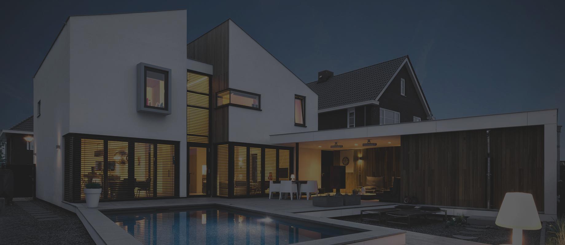 Modern house with interior lighting, modular external venetian blinds