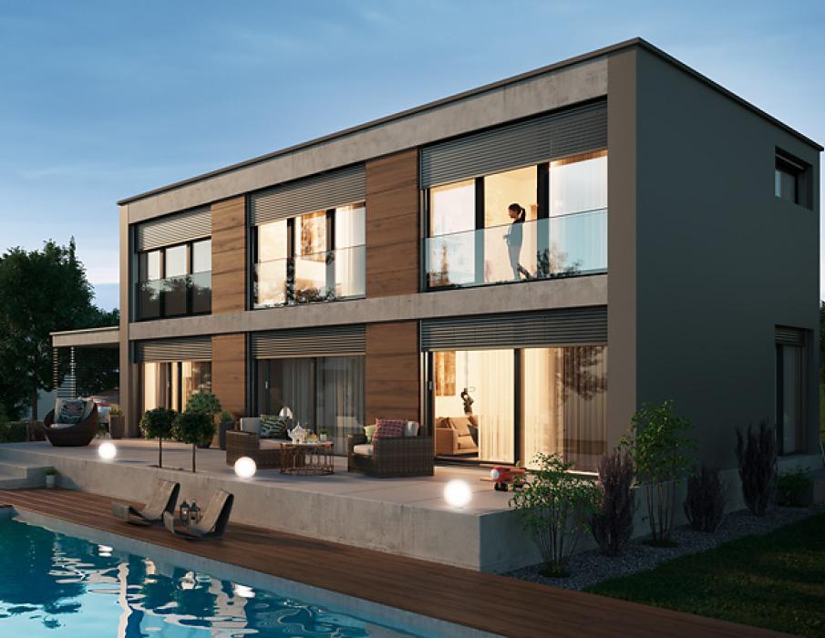Modern house with external venetian blinds and roller shutters with fall protection pane
