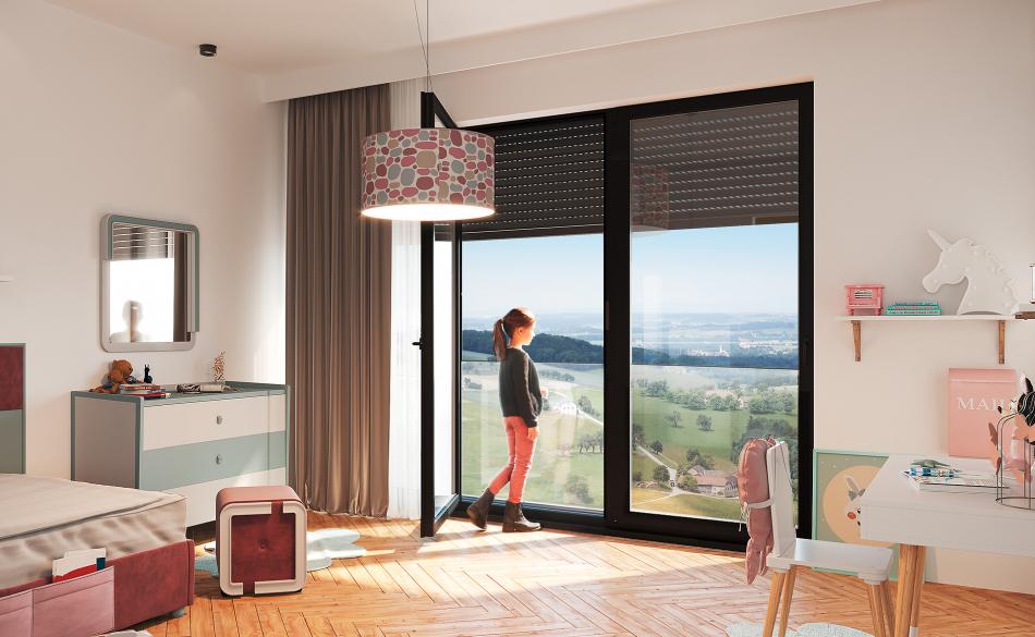 Children's room with roller shutters and fall protection pane