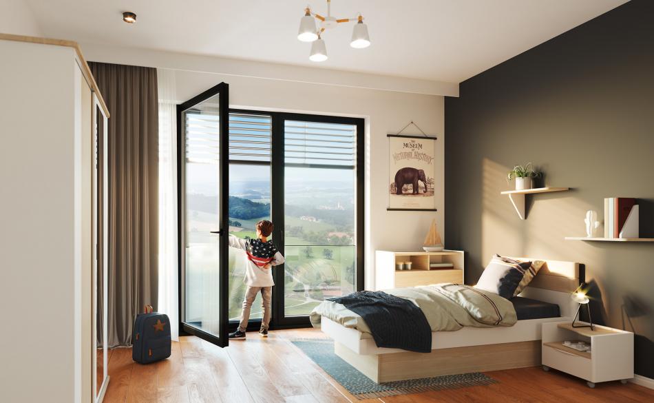 Children's room with external venetian blinds and fall protection pane