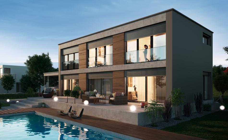 Modern house with external venetian blinds and roller shutters with fall protection pane