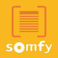 Lettering Somfy in white on orange, above window icon in darker orange