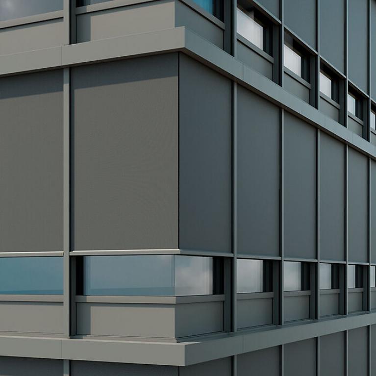 Fully glazed corner with ROMA Façade Textile Screen